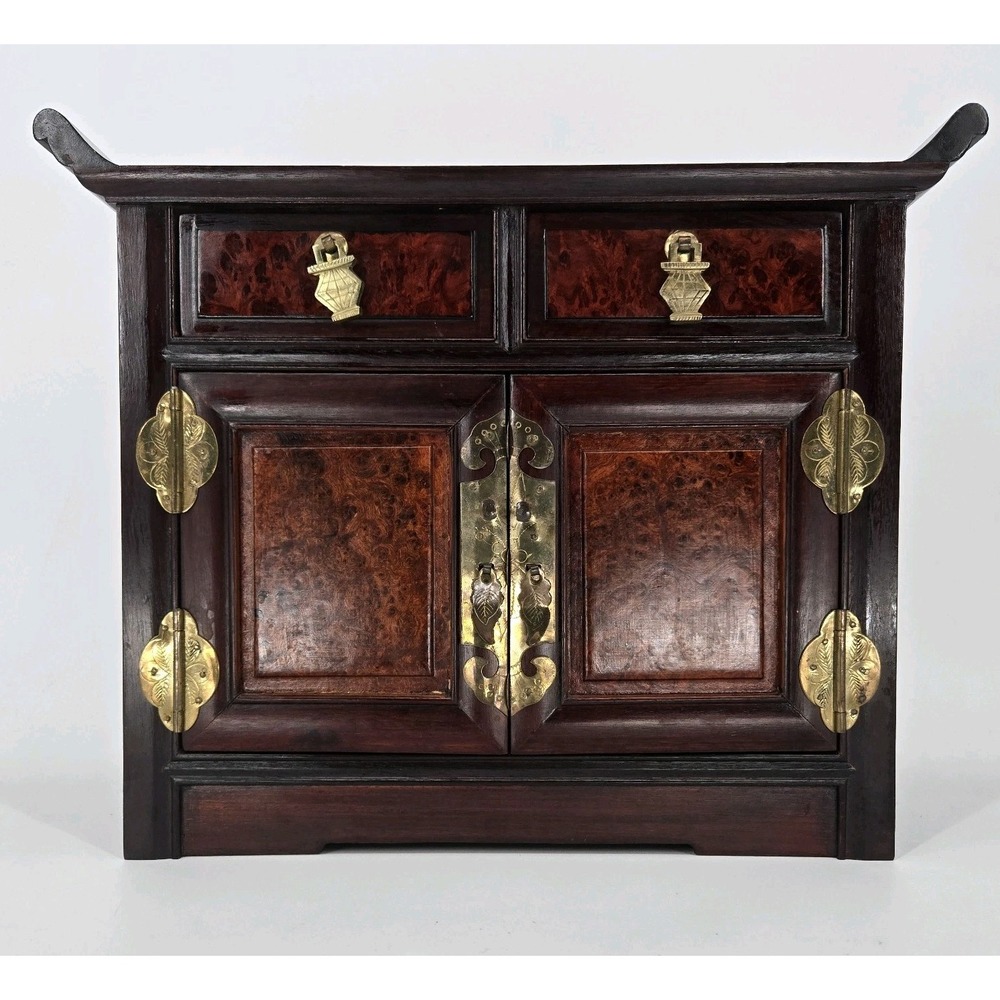 Asian Burl Wood Jewelry Chest Brass Hardware Lock Key Silk Lined 5 Drawer VTG